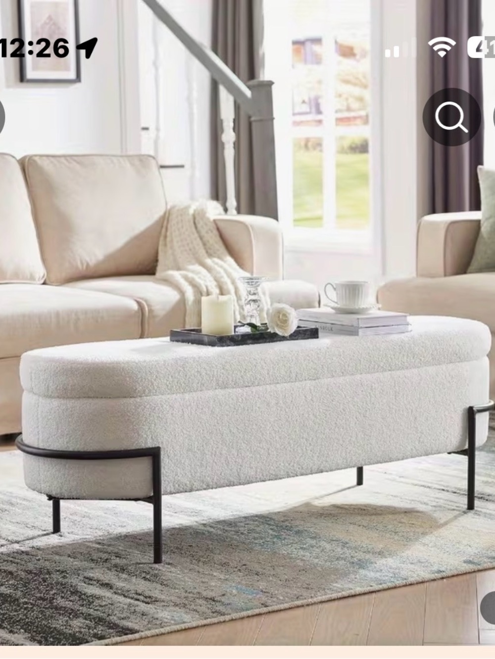 Cream Bouclé Upholstered Bench with Black Metal Base